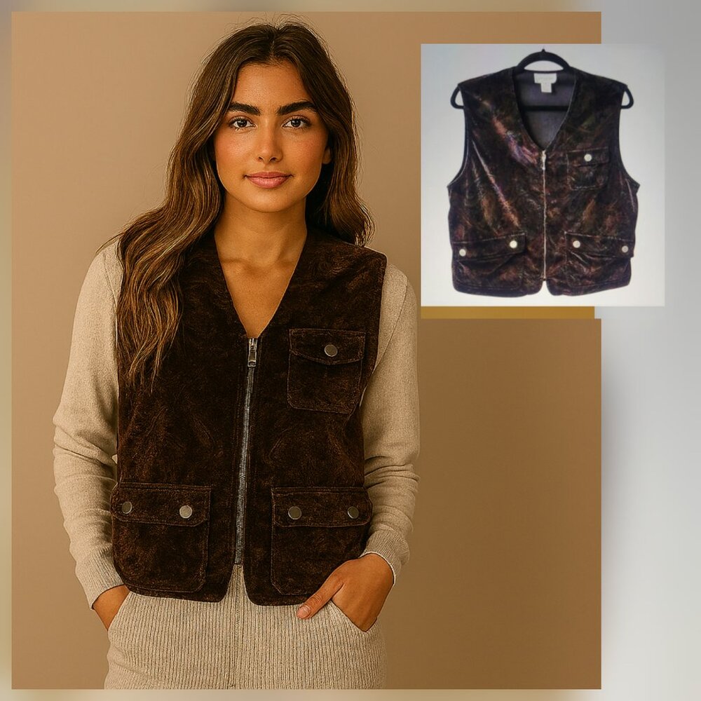 Jones New York Dark Brown Velvet Paisley Boho Zip Front Vest with Pockets Y2K
